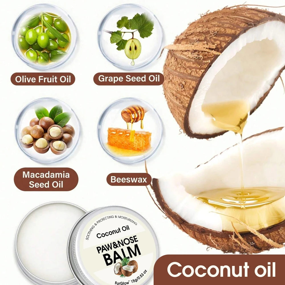 Natural ingredients for dog paw balm: coconut oil, beeswax, and olive fruit oil.